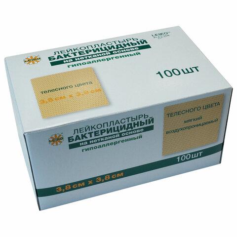 Лейкопластырь бактерицидный комплект 100 шт., 3,8х3,8 см, LEIKO, на нетканой основе, телесного цвета, 213872