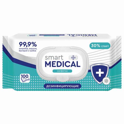 Дезинфицирующие салфетки спиртовые 100 штук, SMART MEDICAL, крышка-клапан, 72029