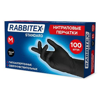 Перчатки нитриловые универсальные RABBITEX (РАББИТЕКС) Standard, 50 пар (100 шт.), черные, размер M (средний), 702156